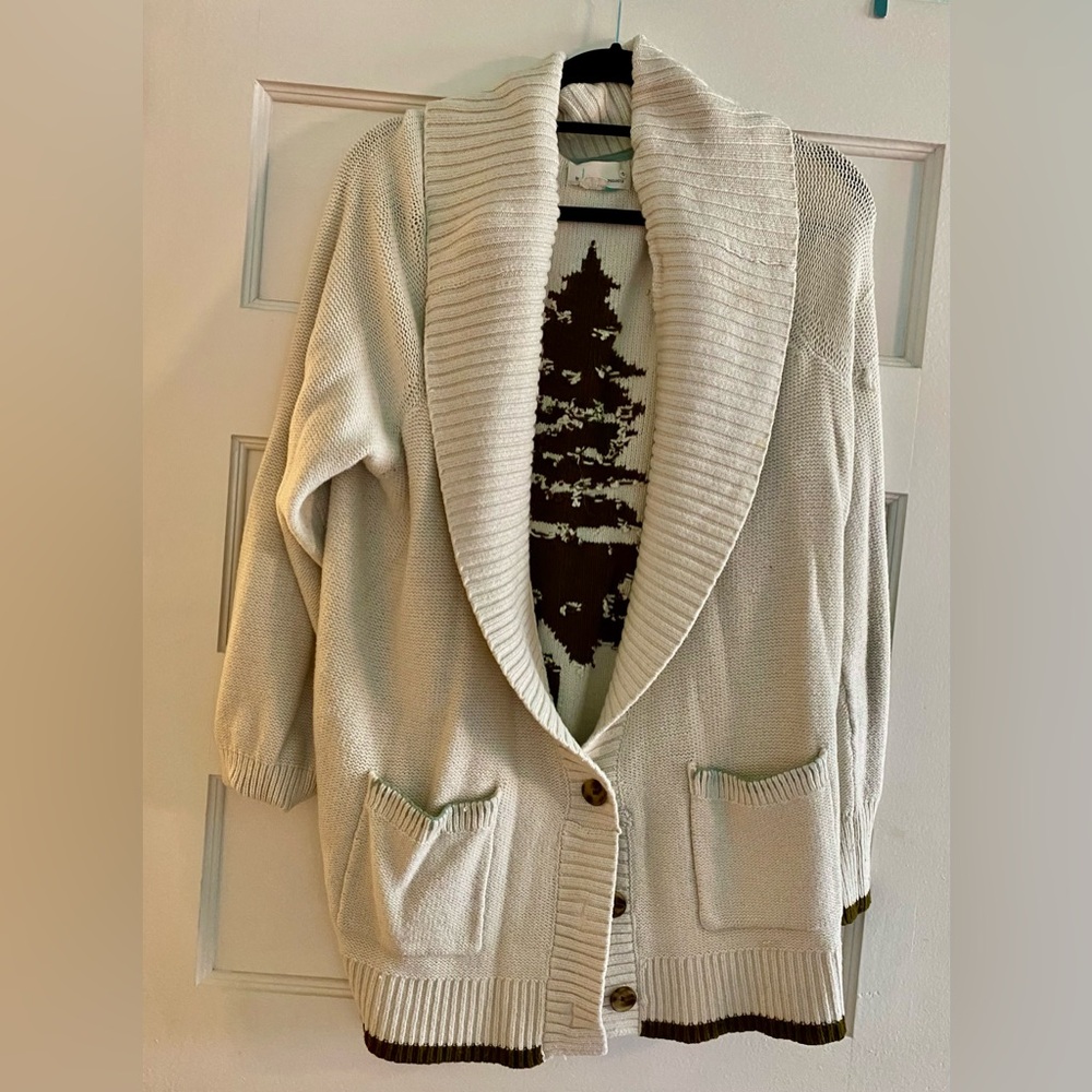 Anthropologie Cozy Ivory Knit Cardigan with Evergreen Tree Motif - Picture 3 of 4